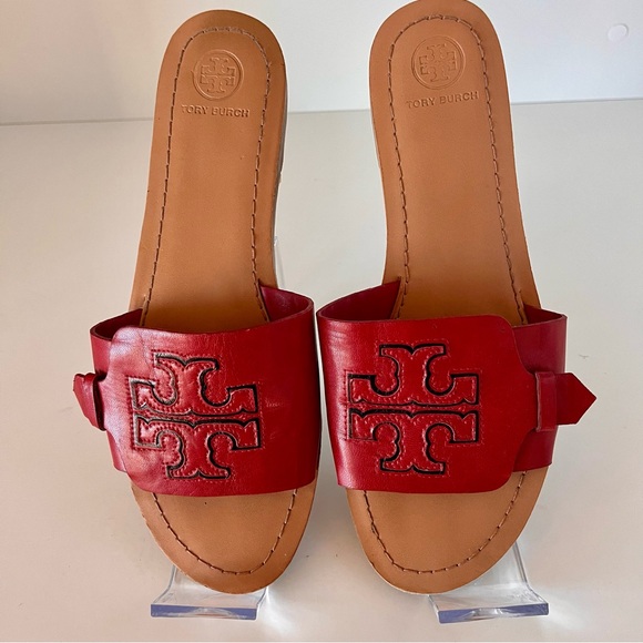 Tory Burch Ines Red Leather Slide Sandals EU 38 (US 7.5 - 8) Designer Luxury